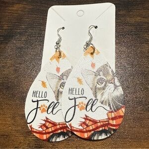 Hello Fall Cat Print Teardrop Earrings